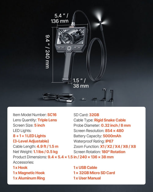 Triple Lens Endoscope with Light, 5in HD IPS Screen Industrial
